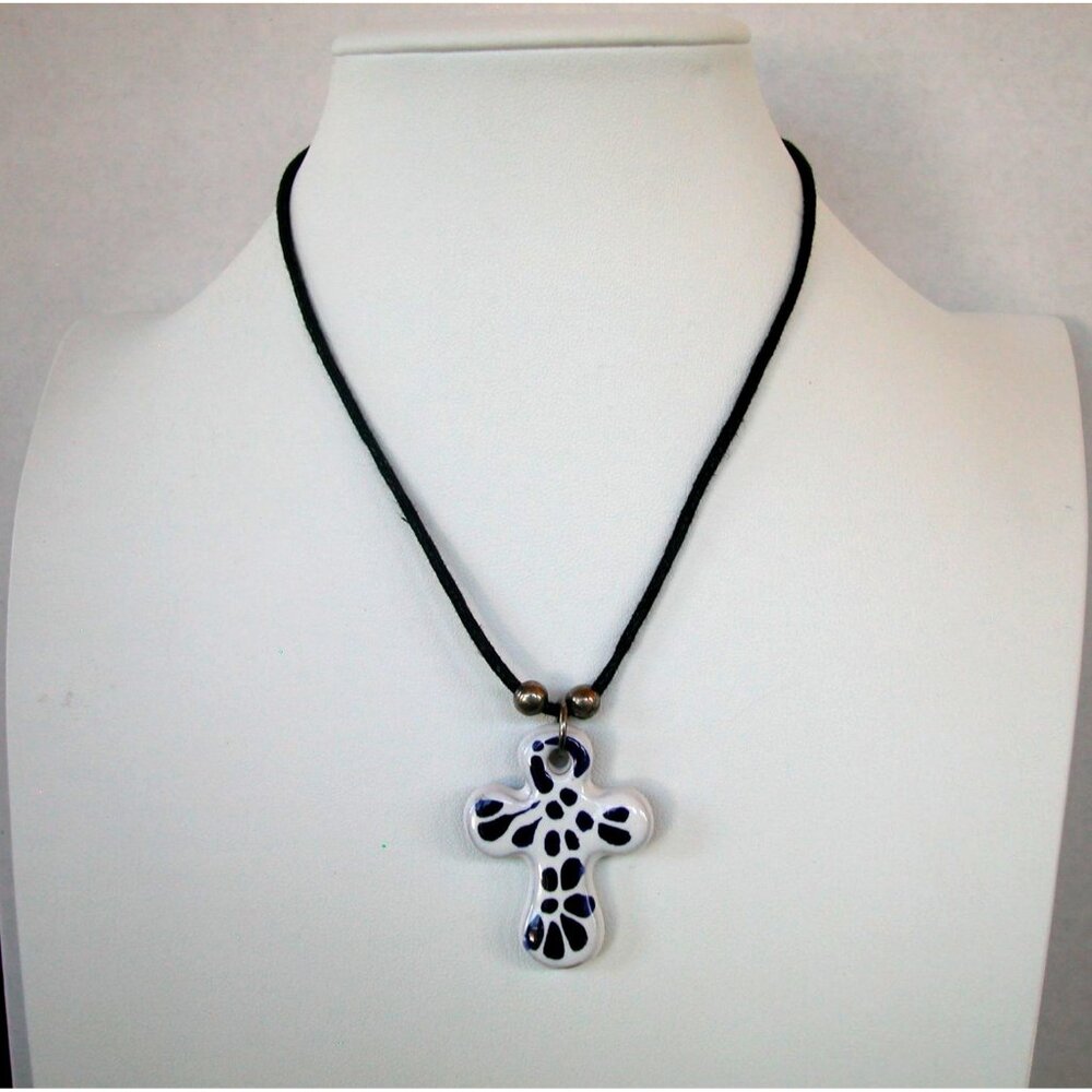 Ceramic Blue/White Cross Pendant Necklace With Black Cord & Beads